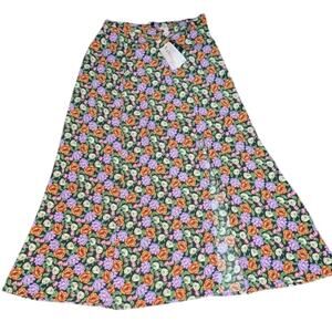 NEW PHILOSOPHY LONG BLACK & BRIGHT FLORAL SLIT 100% VISCOSE SKIRT SZ S